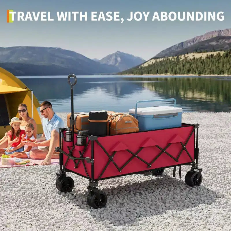 Chariot utilitaire pliant avec roues tout-terrain, chariot de plage pliable robuste, chariot portable pour l'épicerie, le sable, le camping, bleu