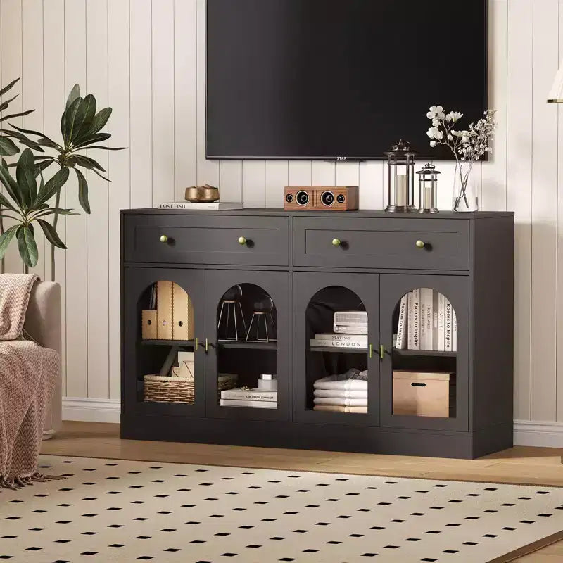 Meuble buffet de 140 cm avec 4 portes en acrylique et 2 tiroirs, meuble de cuisine en bois, console pour salon, salle à manger, entrée