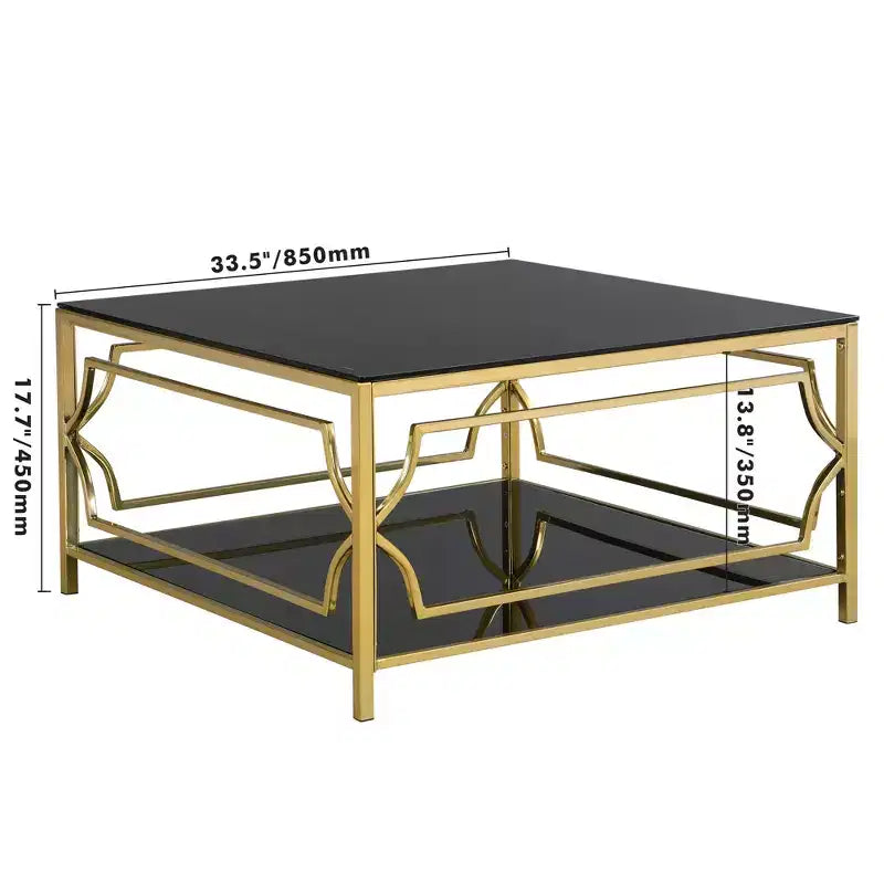 Table basse carrée avec plateau en verre noir ou transparent et étagère de présentation à deux niveaux