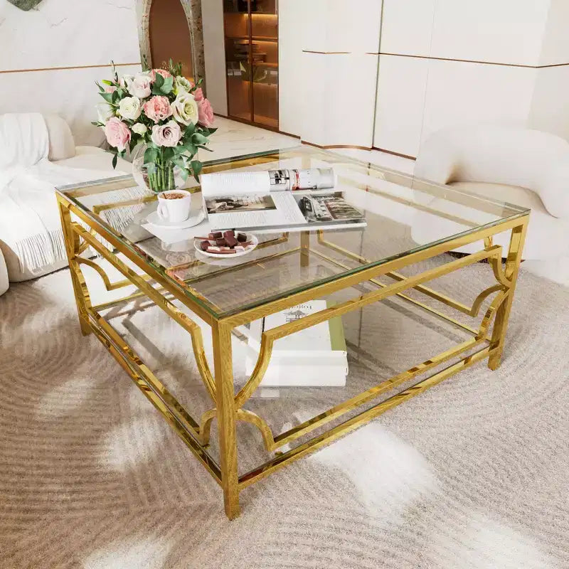 Table basse carrée avec plateau en verre noir ou transparent et étagère de présentation à deux niveaux