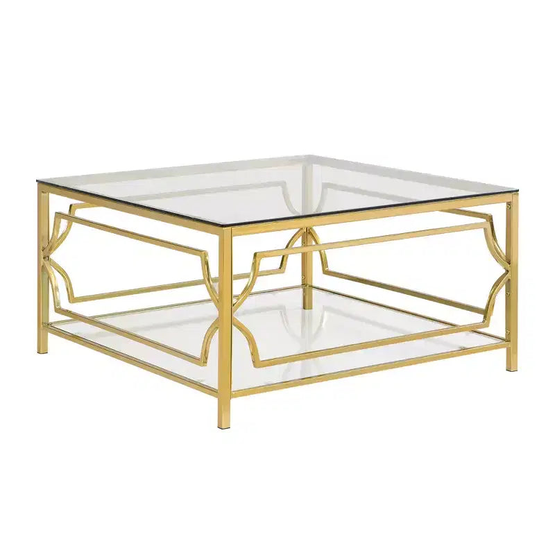 Table basse carrée avec plateau en verre noir ou transparent et étagère de présentation à deux niveaux