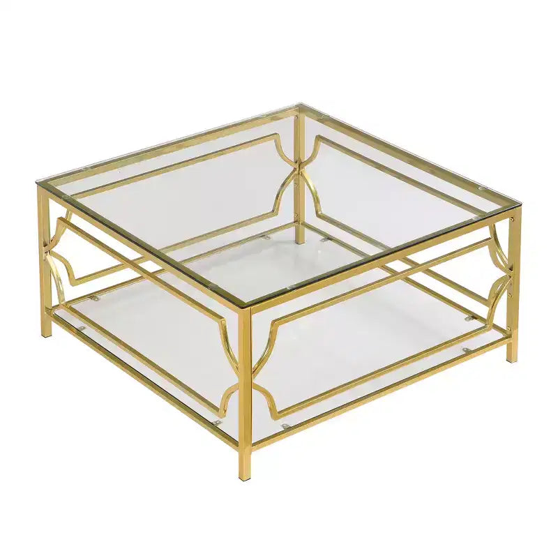Table basse carrée avec plateau en verre noir ou transparent et étagère de présentation à deux niveaux