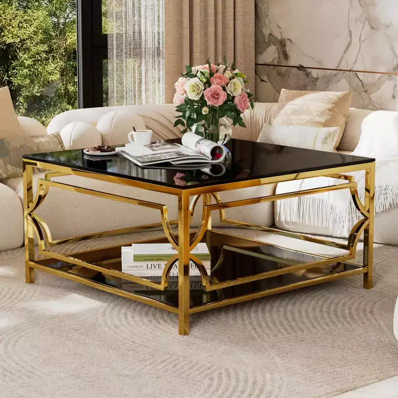 Table basse carrée avec plateau en verre noir ou transparent et étagère de présentation à deux niveaux