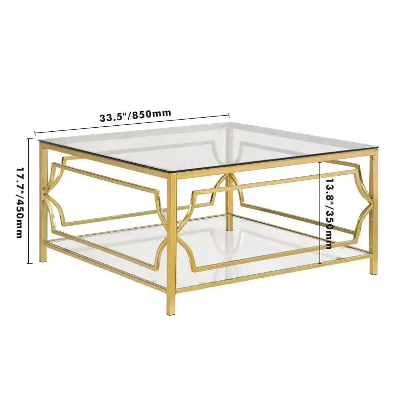 Table basse carrée avec plateau en verre noir ou transparent et étagère de présentation à deux niveaux