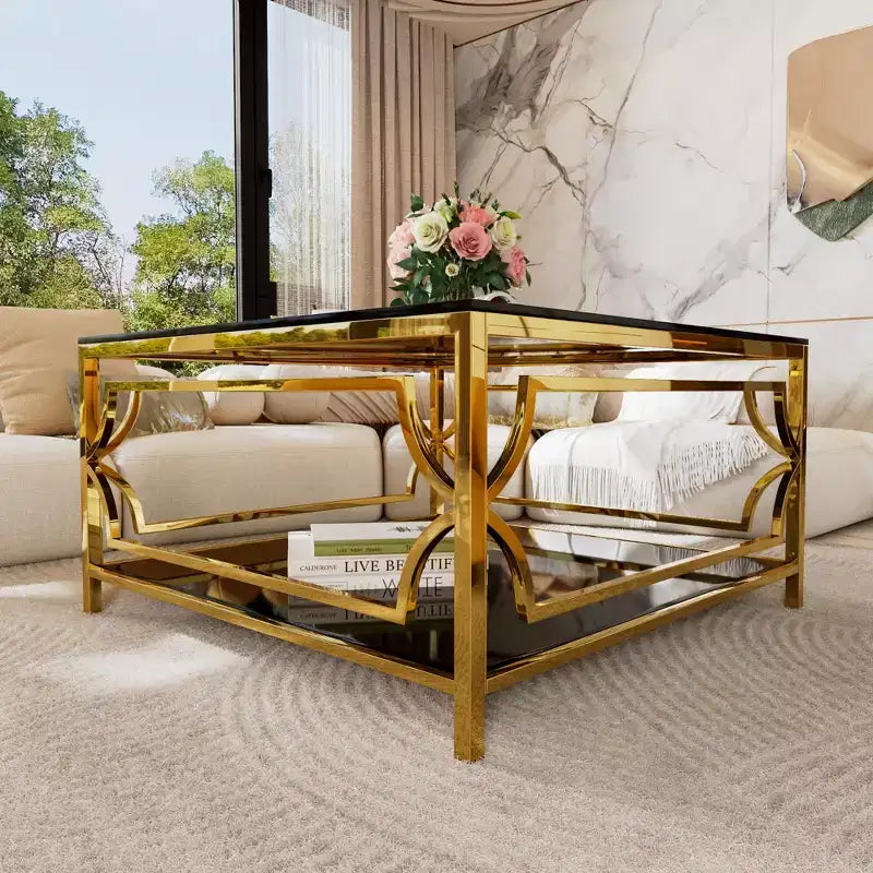 Table basse carrée avec plateau en verre noir ou transparent et étagère de présentation à deux niveaux