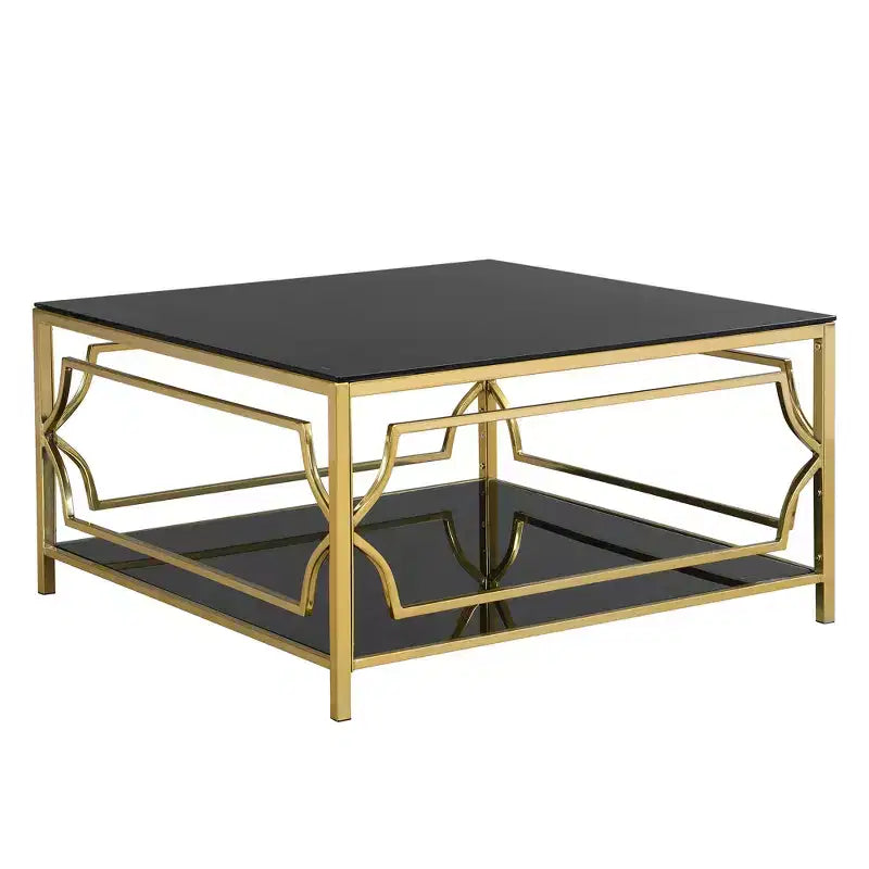 Table basse carrée avec plateau en verre noir ou transparent et étagère de présentation à deux niveaux