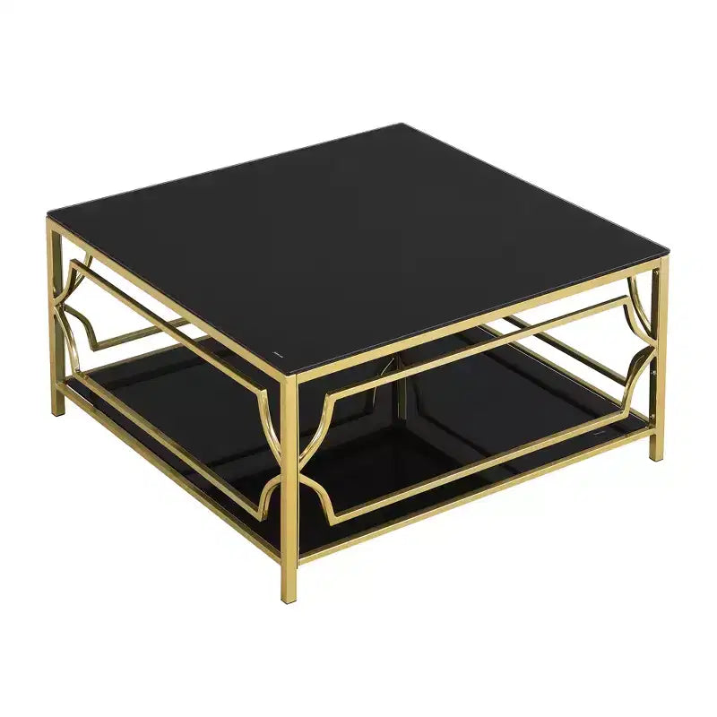 Table basse carrée avec plateau en verre noir ou transparent et étagère de présentation à deux niveaux