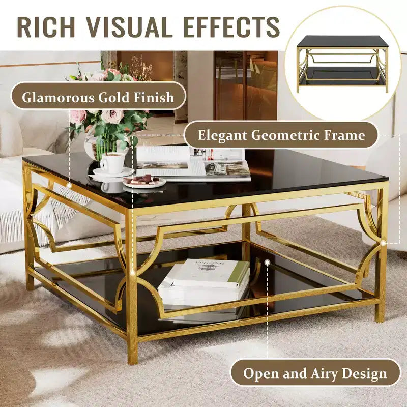 Table basse carrée avec plateau en verre noir ou transparent et étagère de présentation à deux niveaux