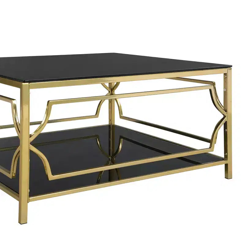 Table basse carrée avec plateau en verre noir ou transparent et étagère de présentation à deux niveaux