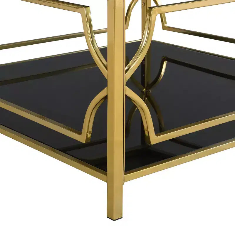 Table basse carrée avec plateau en verre noir ou transparent et étagère de présentation à deux niveaux