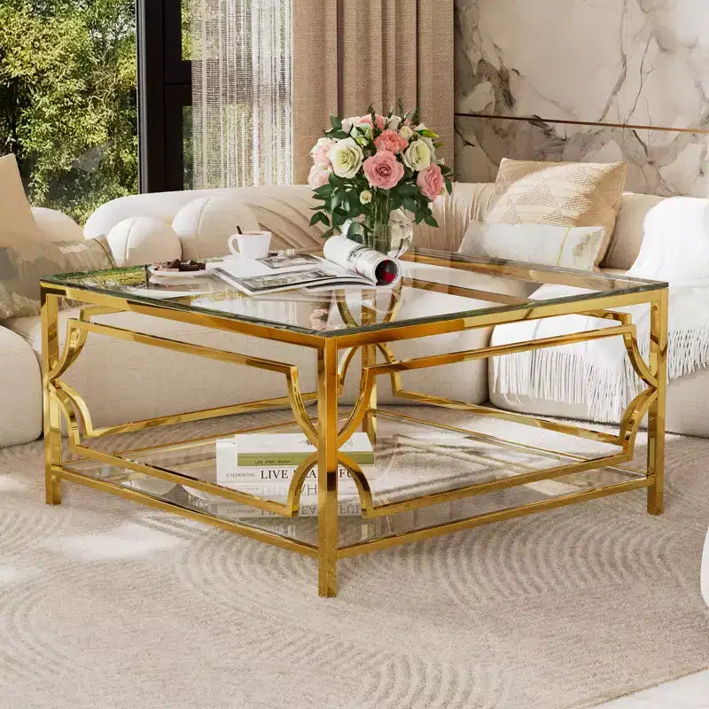 Table basse carrée avec plateau en verre noir ou transparent et étagère de présentation à deux niveaux