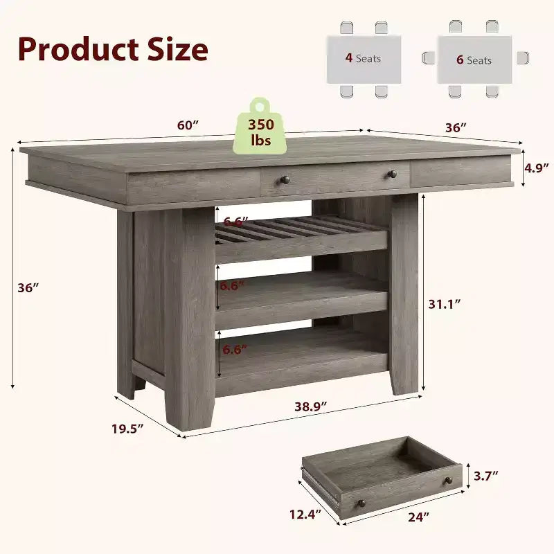 Table de salle à manger hauteur comptoir, 91 cm de haut, table rectangulaire de style ferme avec rangement, casier à vin, tiroirs, assemblage facile