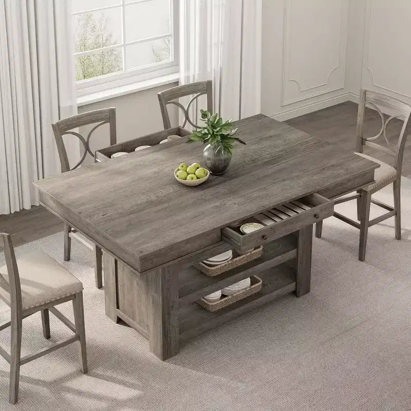 Table de salle à manger hauteur comptoir, 91 cm de haut, table rectangulaire de style ferme avec rangement, casier à vin, tiroirs, assemblage facile
