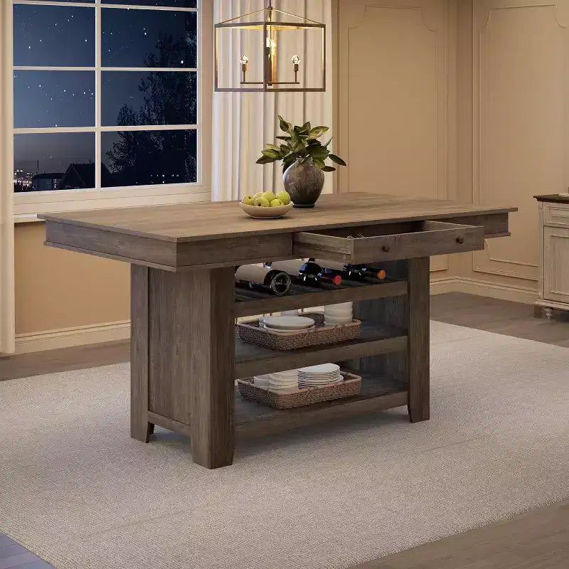 Table de salle à manger hauteur comptoir, 91 cm de haut, table rectangulaire de style ferme avec rangement, casier à vin, tiroirs, assemblage facile
