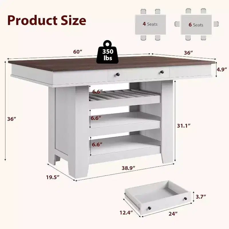 Counter Height Dining Table, 36 Tall, Farmhouse Rectangular Table with Storage, Wine Rack, Drawers, Easy Assembly