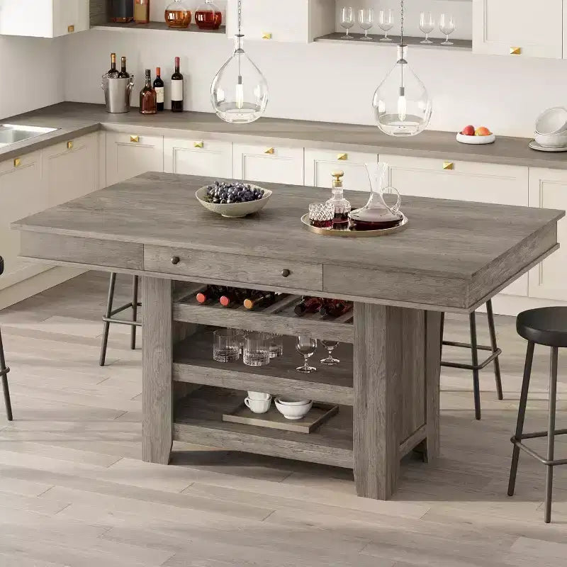 Counter Height Dining Table, 36 Tall, Farmhouse Rectangular Table with Storage, Wine Rack, Drawers, Easy Assembly