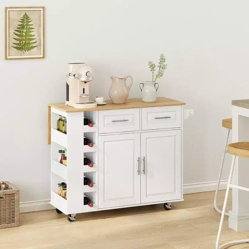 Dessertes de cuisine avec armoire 2 portes, 2 tiroirs, îlot roulant pour cuisine avec rangement, chariot de bar