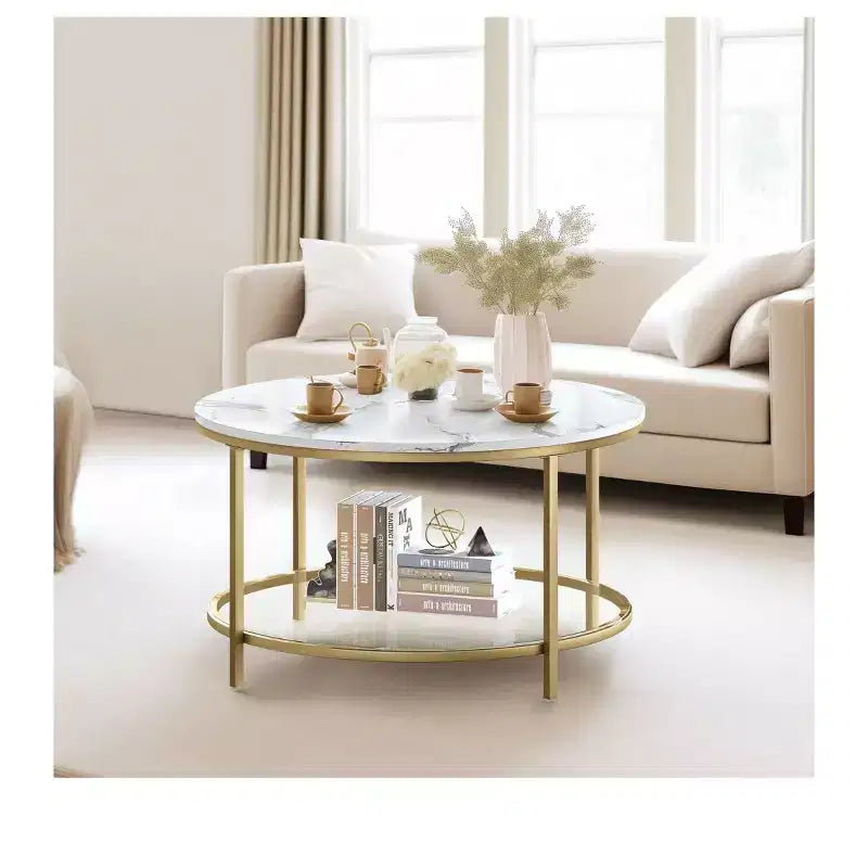 Table basse ronde avec plateau en verre, plateau en bois et cadre en acier
