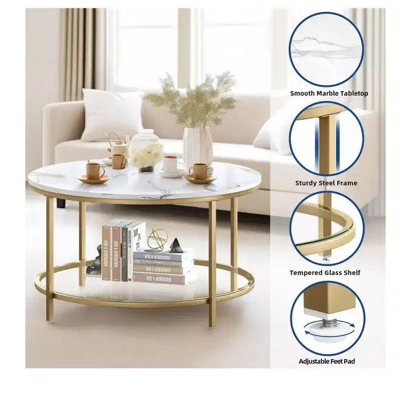 Table basse ronde avec plateau en verre, plateau en bois et cadre en acier