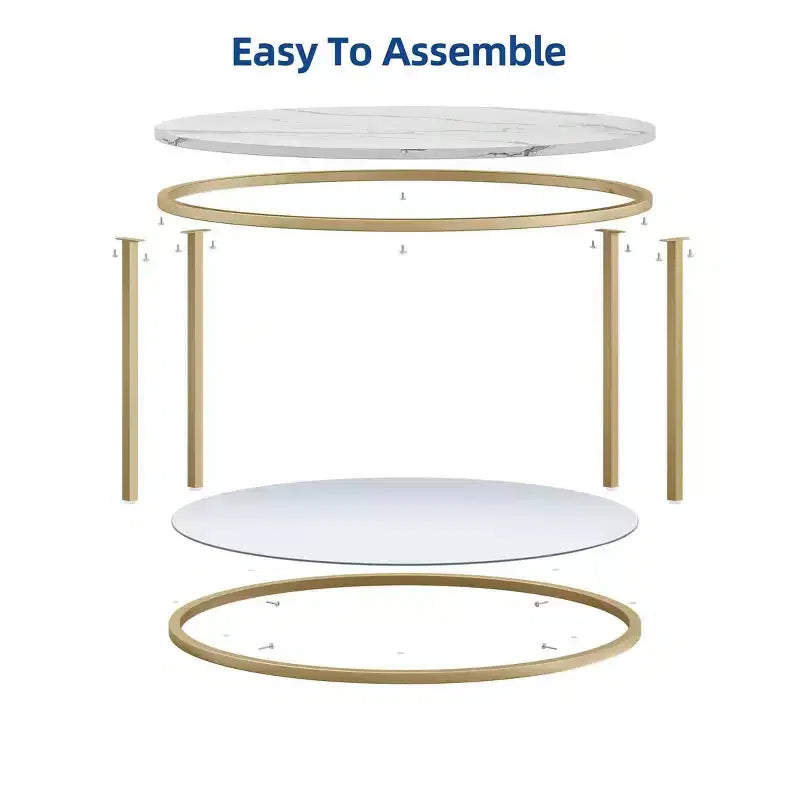 Table basse ronde avec plateau en verre, plateau en bois et cadre en acier