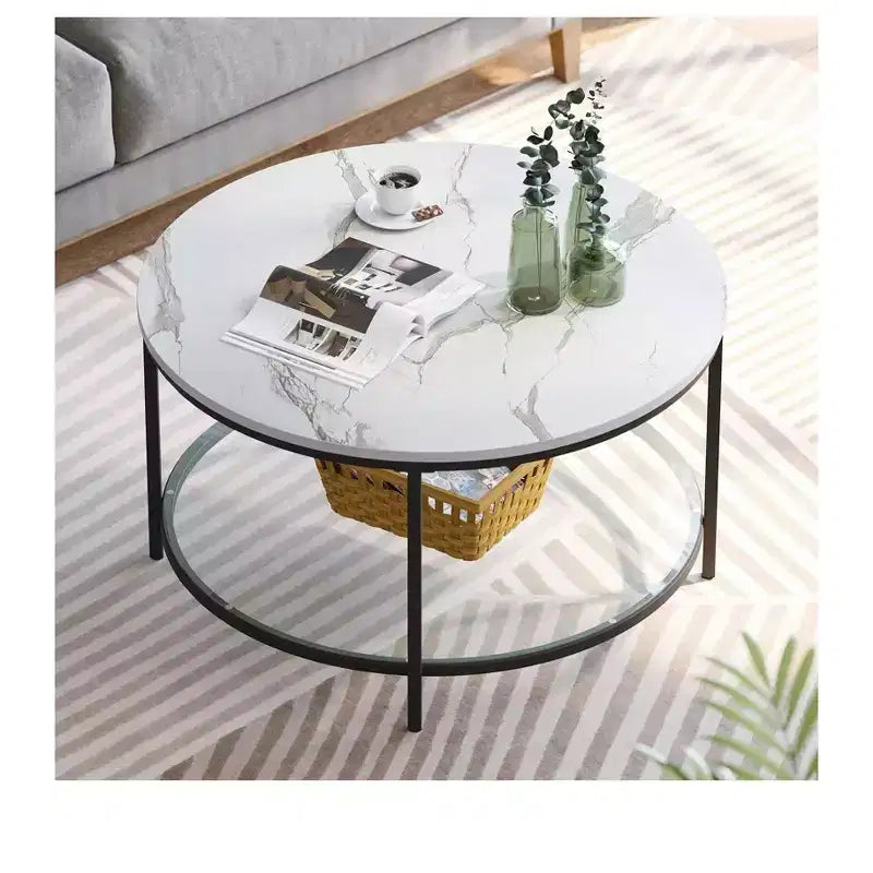 Table basse ronde avec plateau en verre, plateau en bois et cadre en acier