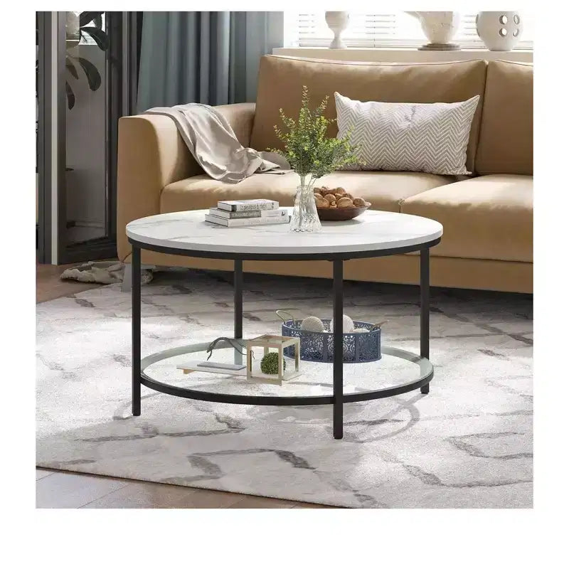 Table basse ronde avec plateau en verre, plateau en bois et cadre en acier