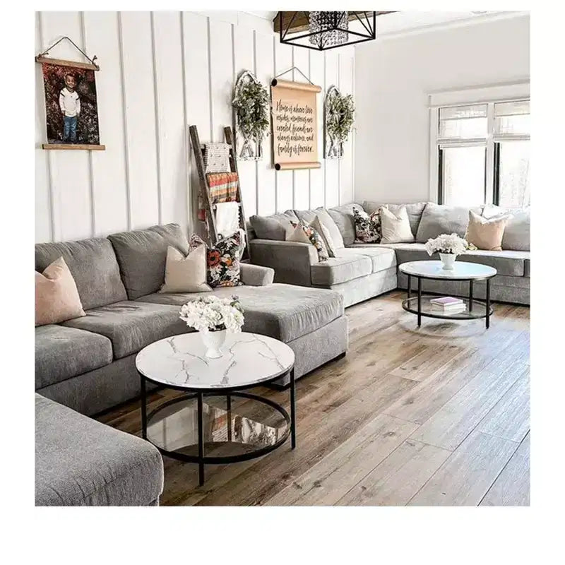 Table basse ronde avec plateau en verre, plateau en bois et cadre en acier