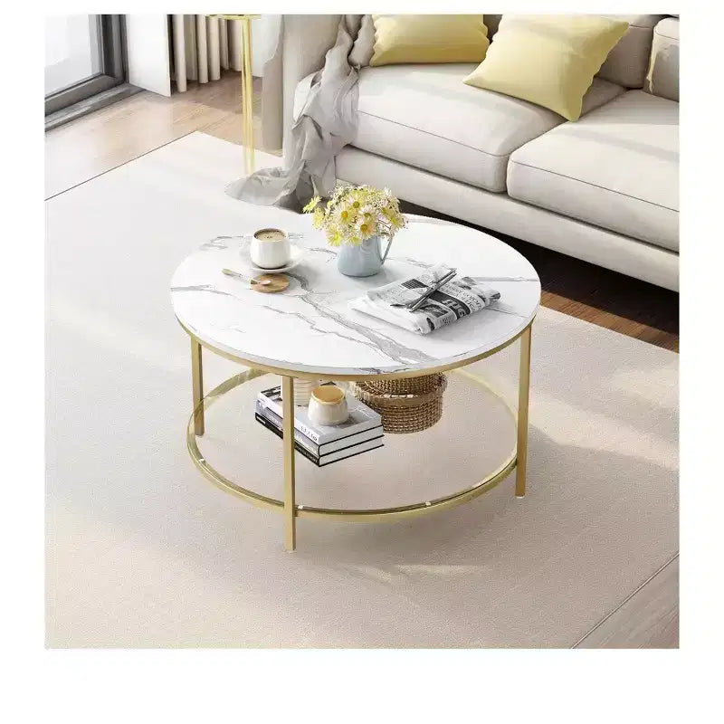 Table basse ronde avec plateau en verre, plateau en bois et cadre en acier