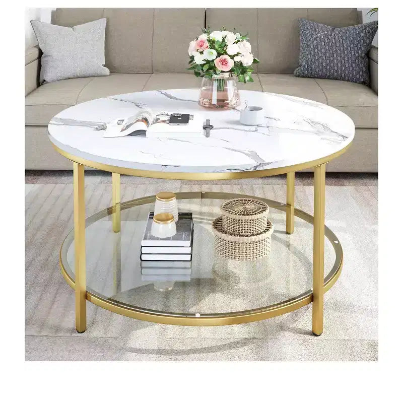 Table basse ronde avec plateau en verre, plateau en bois et cadre en acier