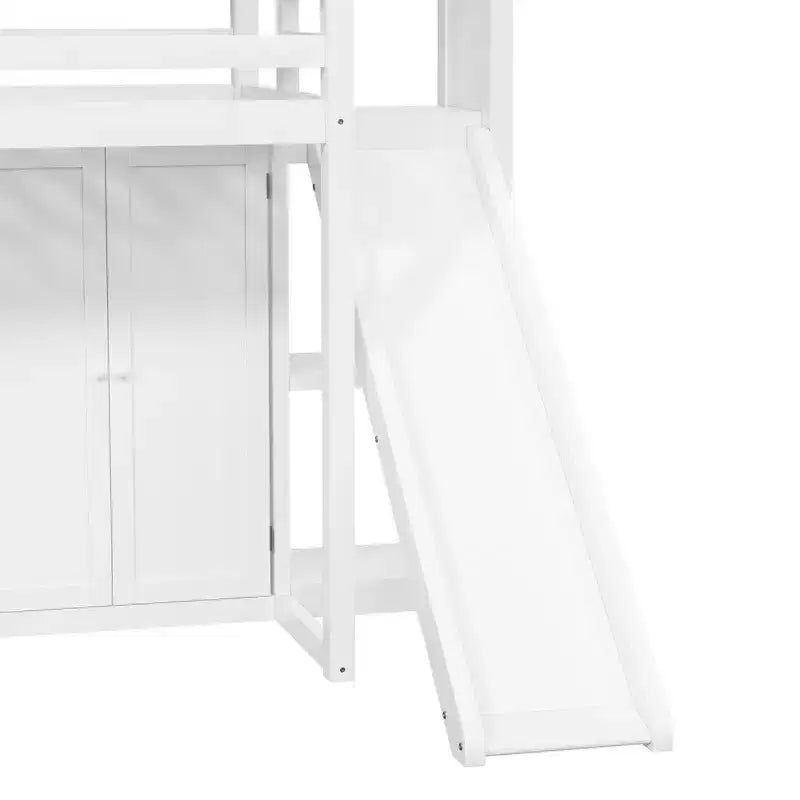 Lit mezzanine en bois, taille double, avec armoire, étagères de rangement, toboggan et lumières LED 7 couleurs, cadre robuste en pin/MDF, blanc