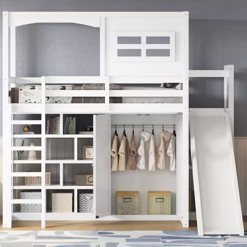 Lit mezzanine en bois, taille double, avec armoire, étagères de rangement, toboggan et lumières LED 7 couleurs, cadre robuste en pin/MDF, blanc