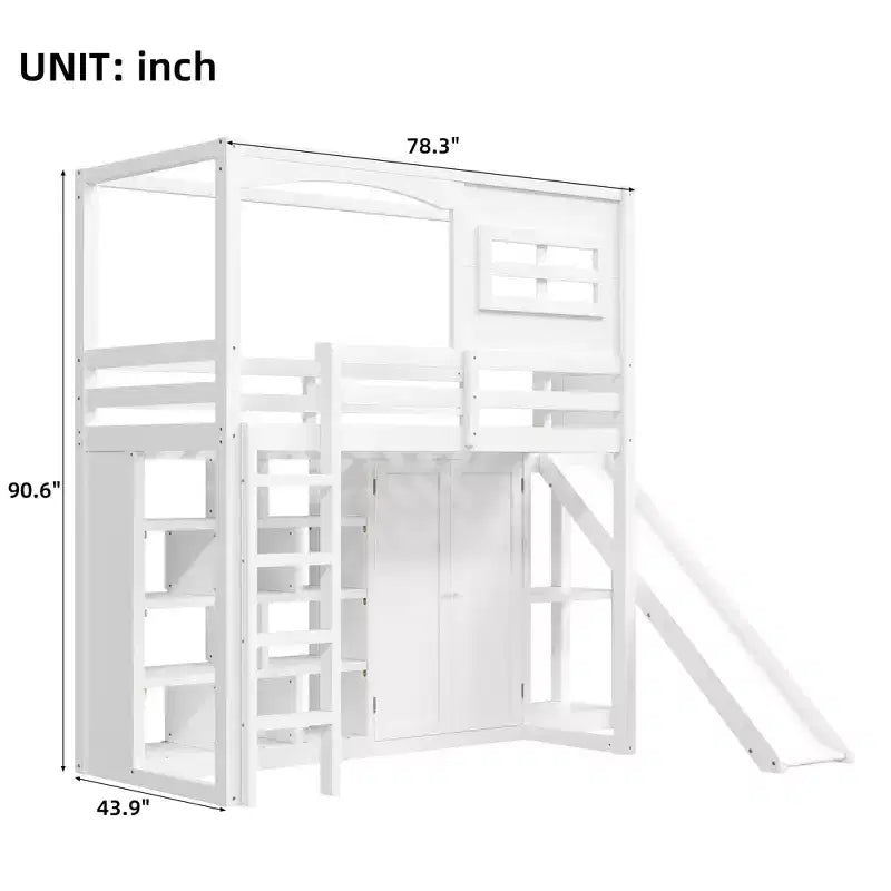 Lit mezzanine en bois, taille double, avec armoire, étagères de rangement, toboggan et lumières LED 7 couleurs, cadre robuste en pin/MDF, blanc