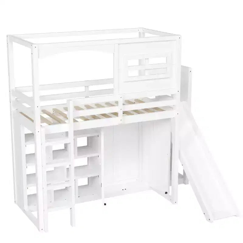 Lit mezzanine en bois, taille double, avec armoire, étagères de rangement, toboggan et lumières LED 7 couleurs, cadre robuste en pin/MDF, blanc