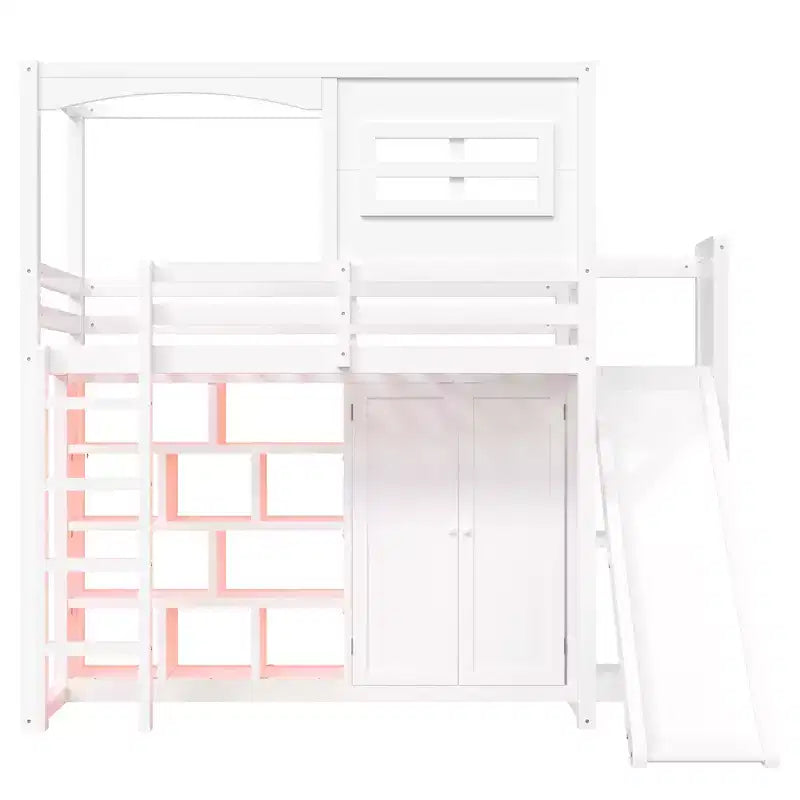 Lit mezzanine en bois, taille double, avec armoire, étagères de rangement, toboggan et lumières LED 7 couleurs, cadre robuste en pin/MDF, blanc