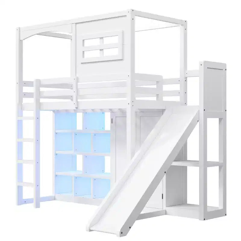 Lit mezzanine en bois, taille double, avec armoire, étagères de rangement, toboggan et lumières LED 7 couleurs, cadre robuste en pin/MDF, blanc