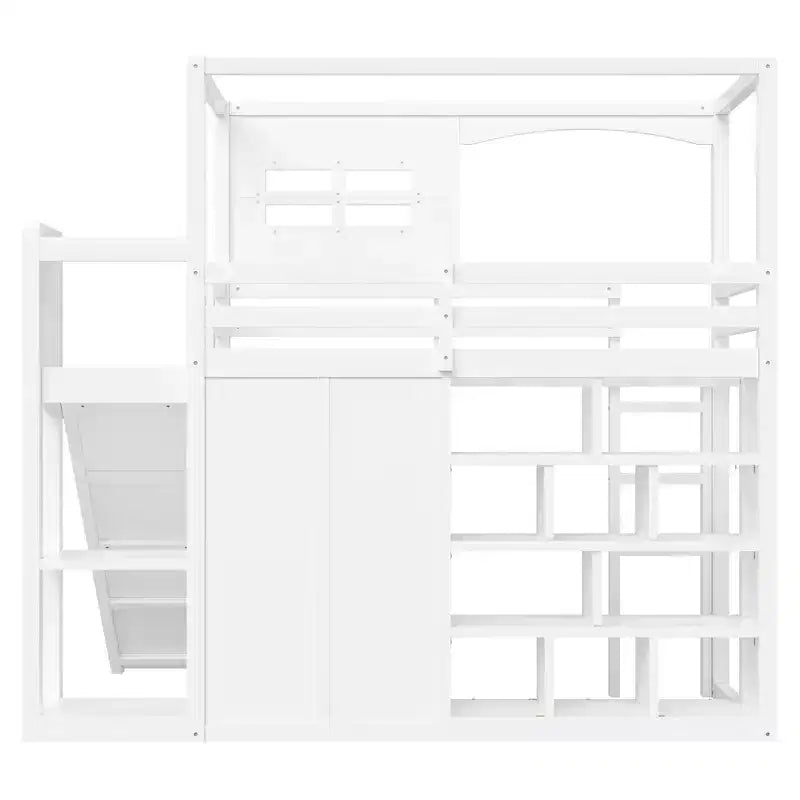 Lit mezzanine en bois, taille double, avec armoire, étagères de rangement, toboggan et lumières LED 7 couleurs, cadre robuste en pin/MDF, blanc