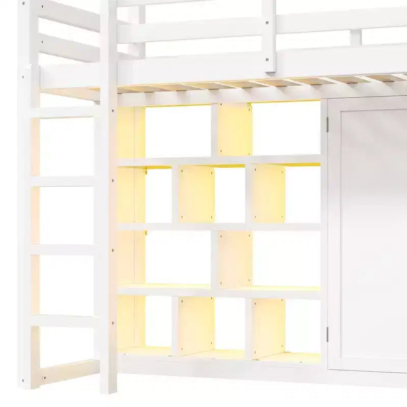 Lit mezzanine en bois, taille double, avec armoire, étagères de rangement, toboggan et lumières LED 7 couleurs, cadre robuste en pin/MDF, blanc