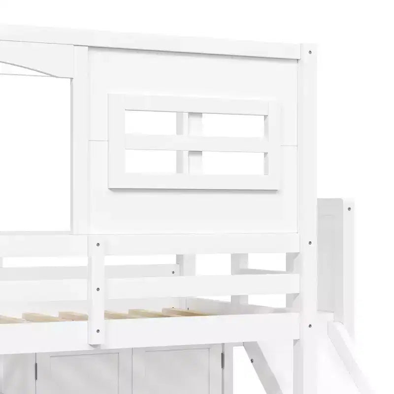 Lit mezzanine en bois, taille double, avec armoire, étagères de rangement, toboggan et lumières LED 7 couleurs, cadre robuste en pin/MDF, blanc