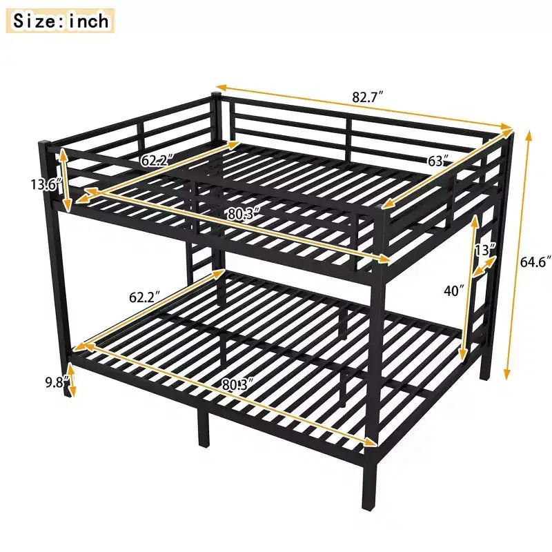 Lit superposé Queen-over-Queen de 82,68 pouces avec cadre en métal, lit double peu encombrant avec barrières de sécurité, lit double à bruit réduit pour adolescents et adultes, noir