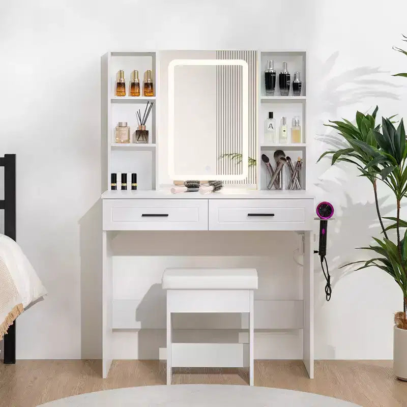 Coiffeuse avec Station de Charge et Étagères de Rangement Blanc Basique