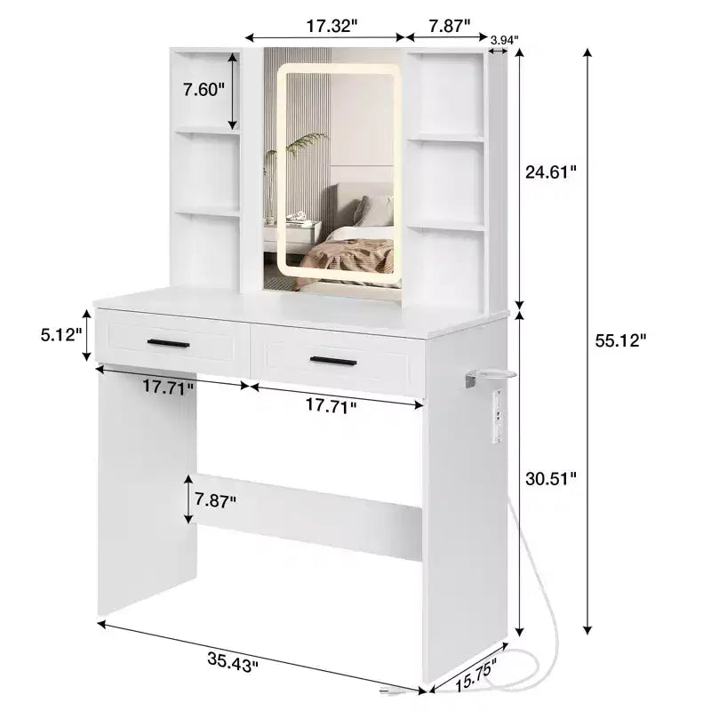 Coiffeuse avec Station de Charge et Étagères de Rangement Blanc Basique