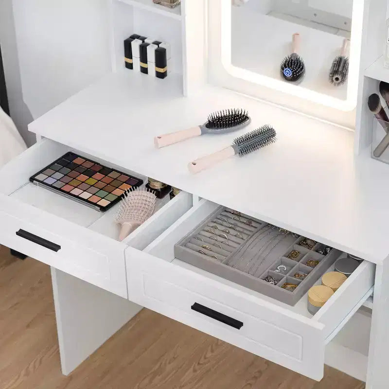 Coiffeuse avec Station de Charge et Étagères de Rangement Blanc Basique