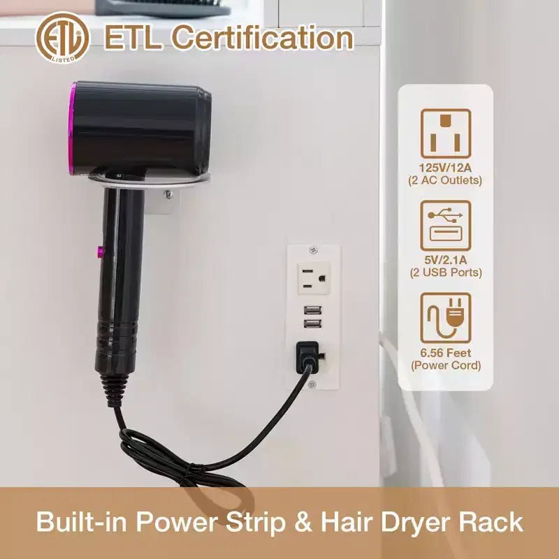 Coiffeuse avec Station de Charge et Étagères de Rangement Blanc Basique