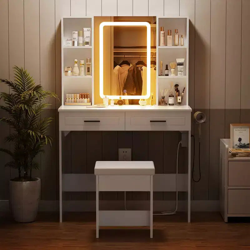 Coiffeuse avec Station de Charge et Étagères de Rangement Blanc Basique