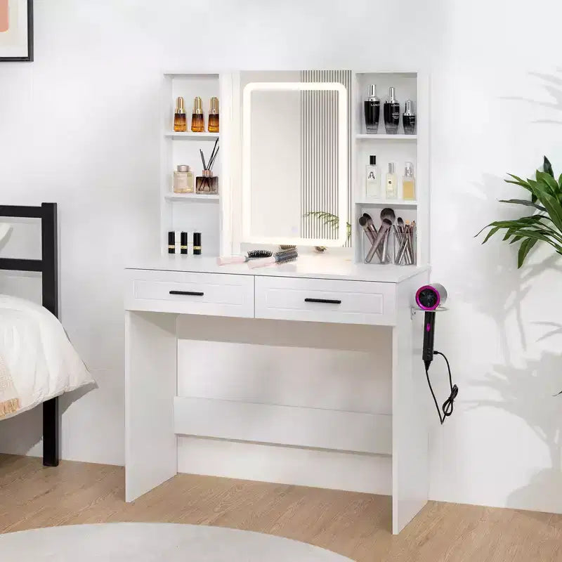 Coiffeuse avec Station de Charge et Étagères de Rangement Blanc Basique