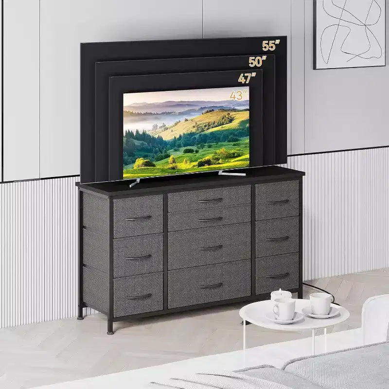 Commode en tissu avec 10 tiroirs de rangement pour chambre à coucher, meuble TV de 55 pouces avec prise de courant, cadre en métal robuste, plateau en bois pour chambre d'amis, placard, entrée