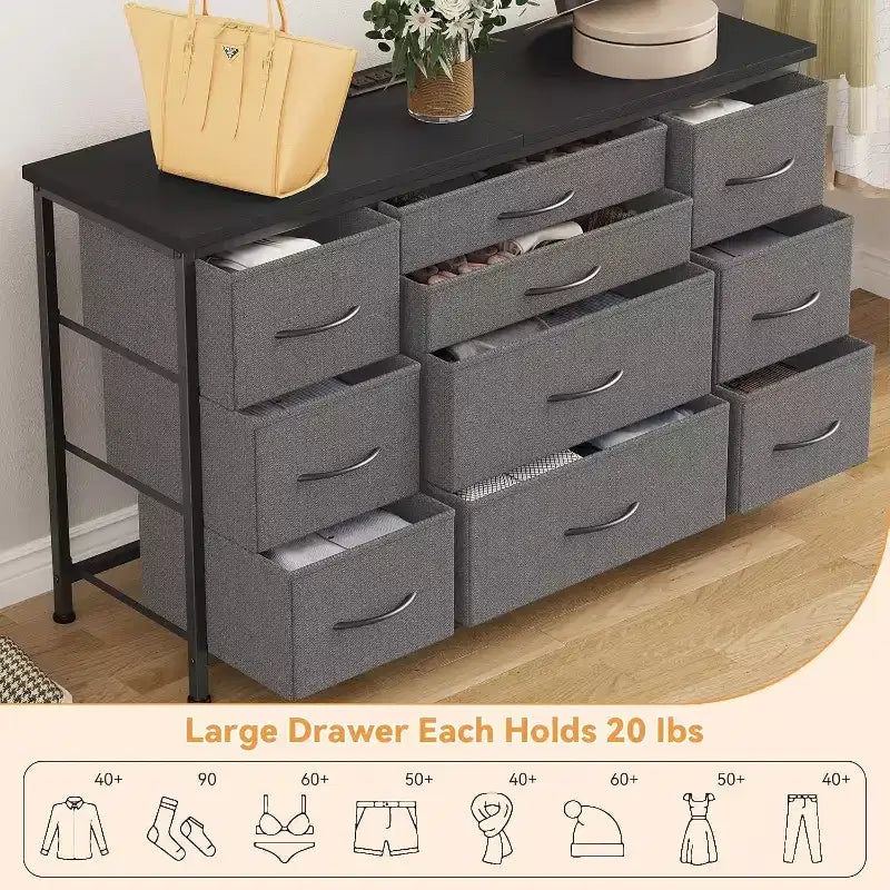 Commode en tissu avec 10 tiroirs de rangement pour chambre à coucher, meuble TV de 55 pouces avec prise de courant, cadre en métal robuste, plateau en bois pour chambre d'amis, placard, entrée
