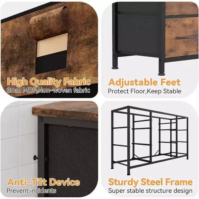 Commode en tissu avec 10 tiroirs de rangement pour chambre à coucher, meuble TV de 55 pouces avec prise de courant, cadre en métal robuste, plateau en bois pour chambre d'amis, placard, entrée