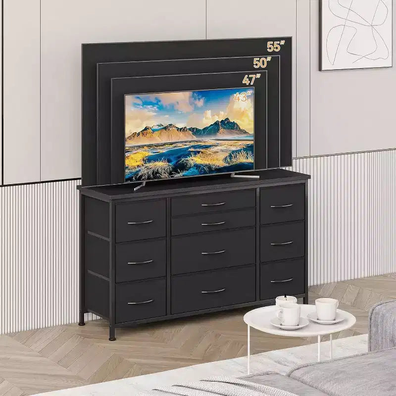 Commode en tissu avec 10 tiroirs de rangement pour chambre à coucher, meuble TV de 55 pouces avec prise de courant, cadre en métal robuste, plateau en bois pour chambre d'amis, placard, entrée