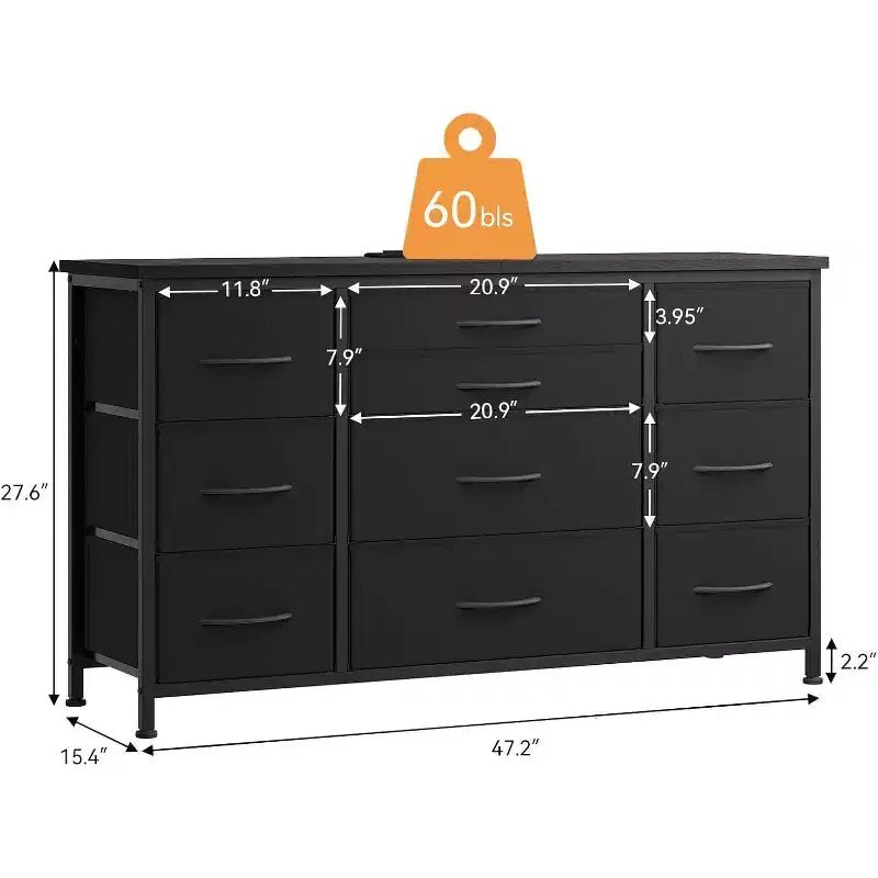Commode en tissu avec 10 tiroirs de rangement pour chambre à coucher, meuble TV de 55 pouces avec prise de courant, cadre en métal robuste, plateau en bois pour chambre d'amis, placard, entrée